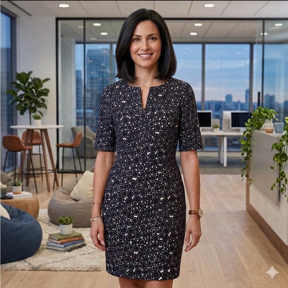 LK Bennett Chene Geometric Printed Sheath Dress Sz 10 Black White Office Career